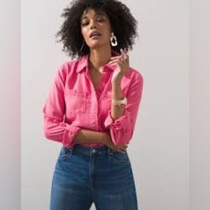 Chico’s pink 100% Lyocell fringed trim button front roll tab shirt, size 8.